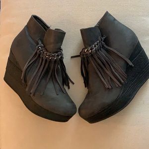 Sbicca Gray Fringe Wedge Booties